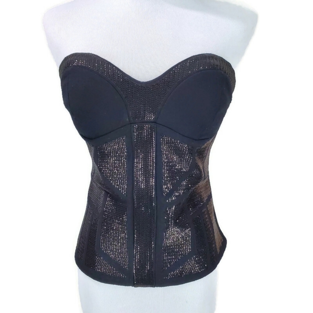 bebe Black Sequin Bondage Corset Bustier Top Sexy Strapless Stretch Date Night L